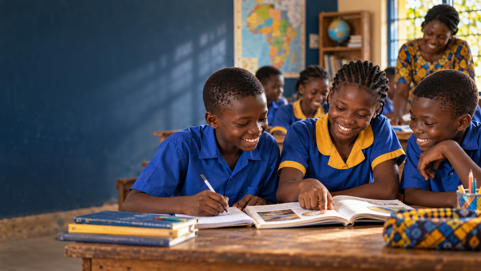 Students learning together in a bright classroom